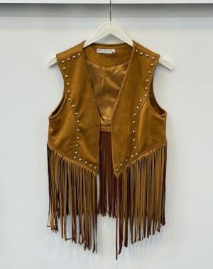 Püsküllü Nubuk Yelek Taba 