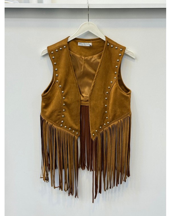 Püsküllü Nubuk Yelek Taba