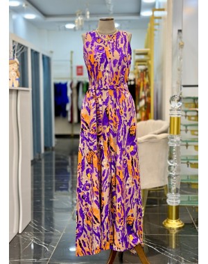 Renkli Desenli Viskon Kumaş Bol Paça Tulum Mor