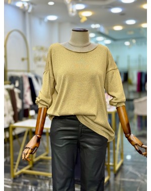 Simli Merserize Kayık Yaka Merserize Bluz Gold