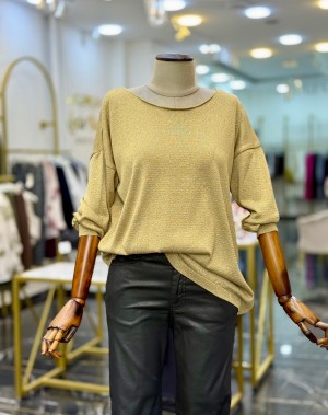 Simli Merserize Kayık Yaka Merserize Bluz Gold