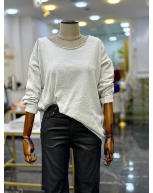 Simli Merserize Kayık Yaka Triko Bluz Gümüş Sim