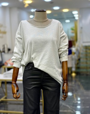 Simli Merserize Kayık Yaka Triko Bluz Gümüş Sim