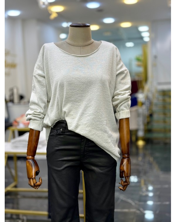 Simli Merserize Kayık Yaka Triko Bluz Gümüş Sim