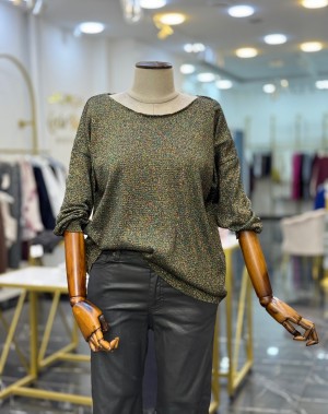 Simli Merserize Kayık Yaka Triko Bluz Siyah Gold 