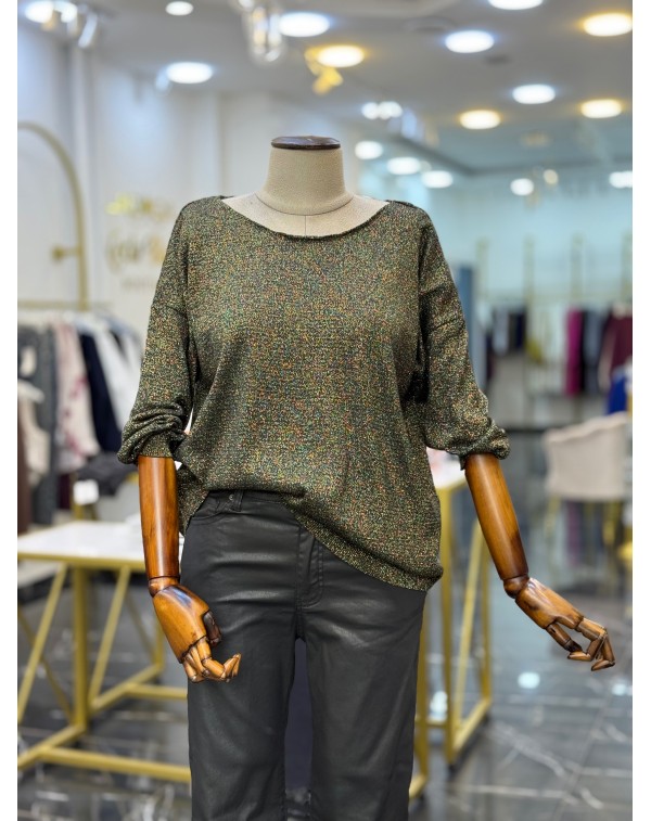 Simli Merserize Kayık Yaka Triko Bluz Siyah Gold