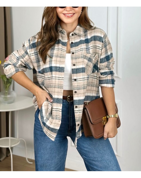 Taş Detaylı Yün Ekose Gömlek Bej