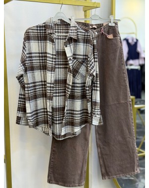 Taş Detaylı Yün Ekose Gömlek Kahve