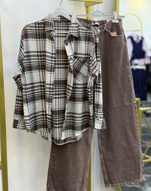 Taş Detaylı Yün Ekose Gömlek Kahve