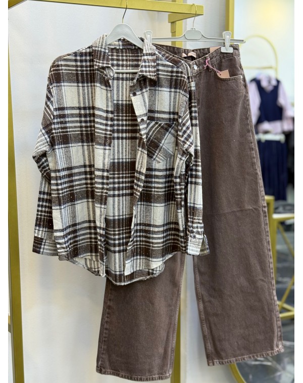 Taş Detaylı Yün Ekose Gömlek Kahve