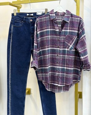 Taş Detaylı Yün Ekose Gömlek Mürdüm 