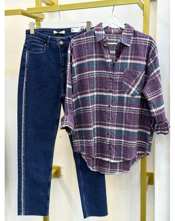 Taş Detaylı Yün Ekose Gömlek Mürdüm