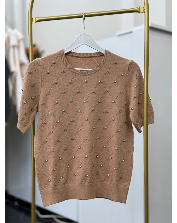 Taş Çakımlı Pamuk Merserize Bluz Camel