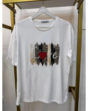 Taşlı Love Desenli Beyaz Tshirt