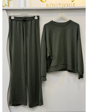 Taşlı Modal Eşofman Takımı Haki Yeşil 