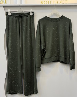 Taşlı Modal Eşofman Takımı Haki Yeşil 