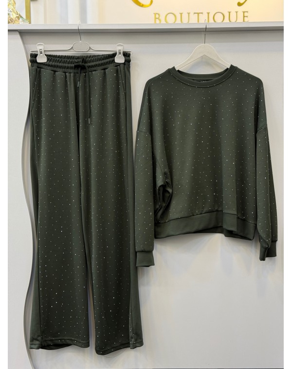 Taşlı Modal Eşofman Takımı Haki Yeşil