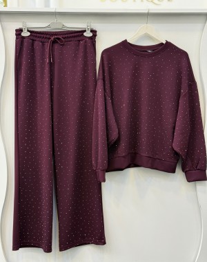 Taşlı Modal Eşofman Takımı Mürdüm 