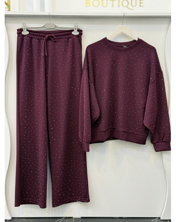 Taşlı Modal Eşofman Takımı Mürdüm