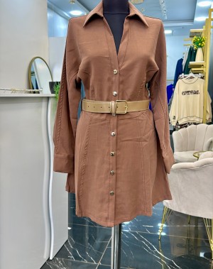 Tensel Kumaş Kemerli Düğmeli Elbise Kahve