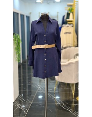 Tensel Kumaş Kemerli Düğmeli Elbise Lacivert 