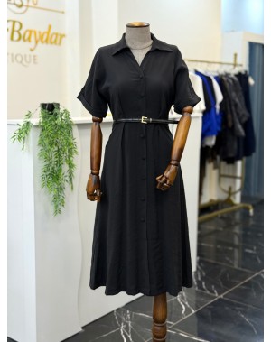 Tensel Kumaş Kemerli Midi Boy Siyah Elbise 