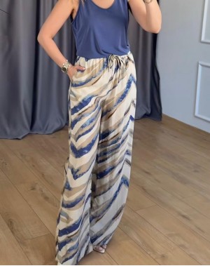 Tensel Kumaş Mavi Desenli Beli Lastikli Palazzo Pantolon 