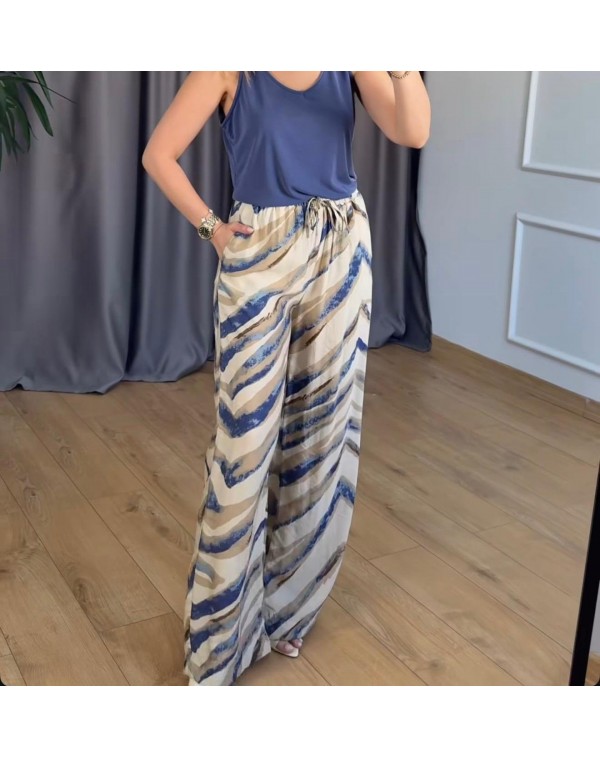 Tensel Kumaş Mavi Desenli Beli Lastikli Palazzo Pantolon