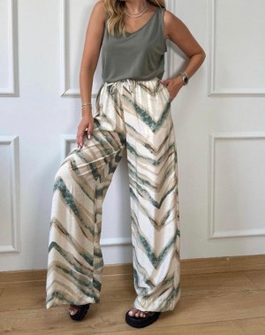 Tensel Kumaş Yeşil Desenli Beli Lastikli Palazzo Pantolon 