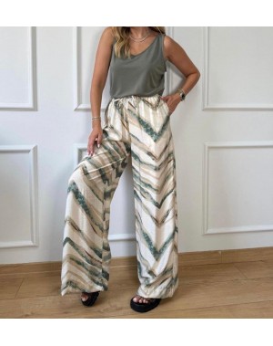 Tensel Kumaş Yeşil Desenli Beli Lastikli Palazzo Pantolon 