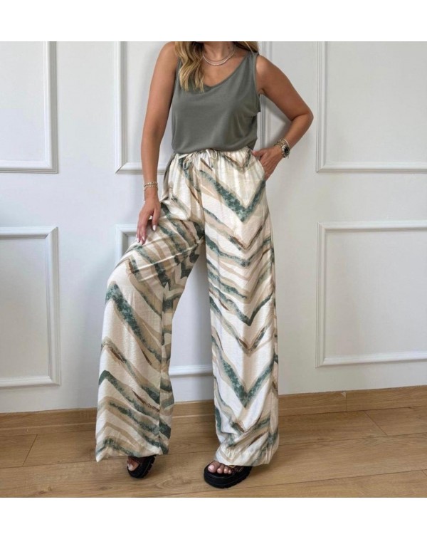 Tensel Kumaş Yeşil Desenli Beli Lastikli Palazzo Pantolon