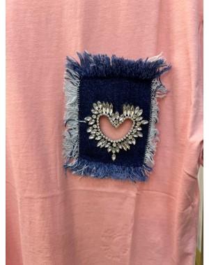 Kalp Desenli Cep Detaylı Pembe Tshirt
