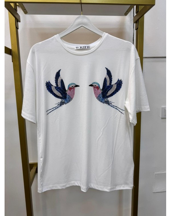 Mavi Kuş Desenli Taşlı Tshirt