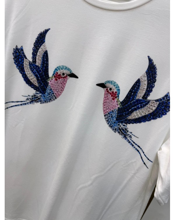 Mavi Kuş Desenli Taşlı Tshirt