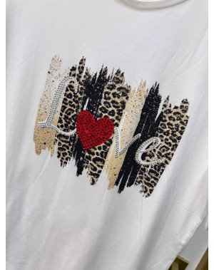 Taşlı Love Desenli Beyaz Tshirt
