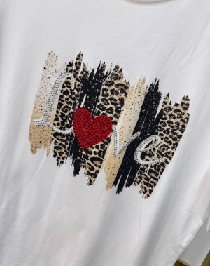 Taşlı Love Desenli Beyaz Tshirt