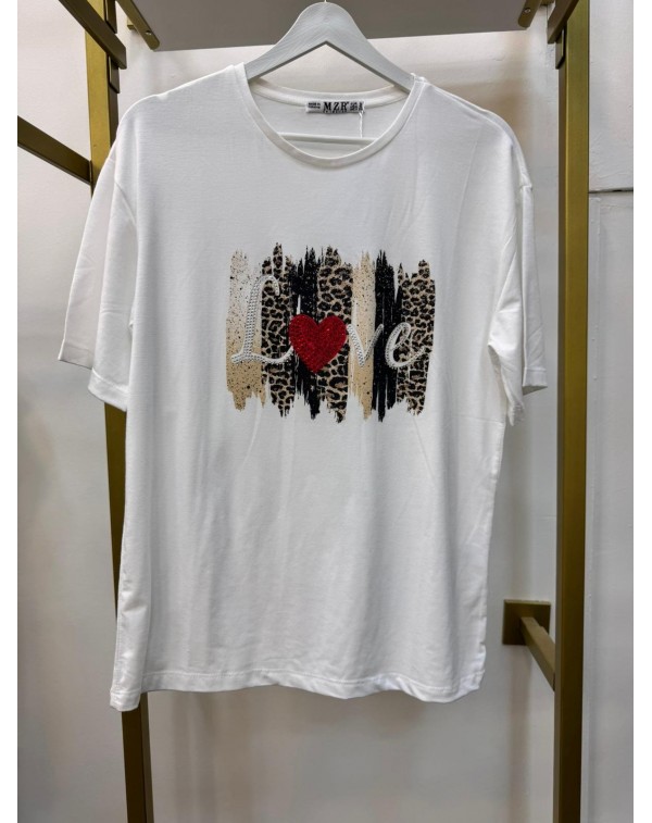 Taşlı Love Desenli Beyaz Tshirt