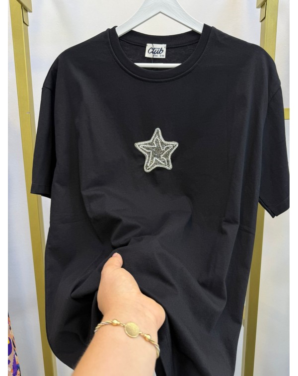 Marka Model Yıldız Desen Taşlı Siyah Tshirt