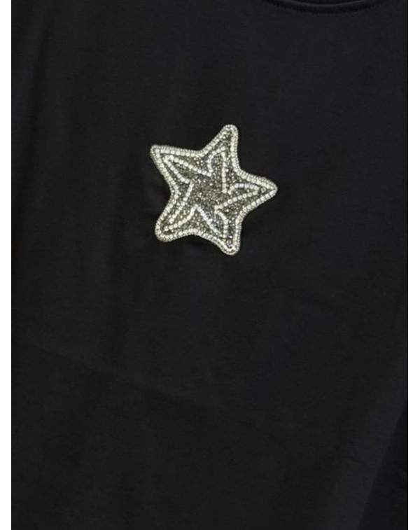 Marka Model Yıldız Desen Taşlı Siyah Tshirt