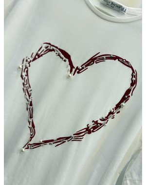 Kalp Desenli Boncuklu Beyaz Tshirt