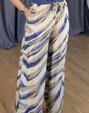 Tensel Kumaş Mavi Desenli Beli Lastikli Palazzo Pantolon 