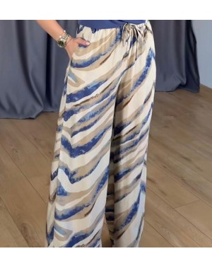 Tensel Kumaş Mavi Desenli Beli Lastikli Palazzo Pantolon 