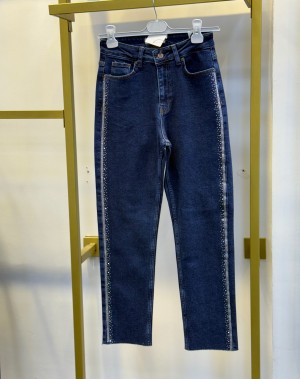 Yanı Taşlı Kesik Paça Boyfriend Jean Lacivert