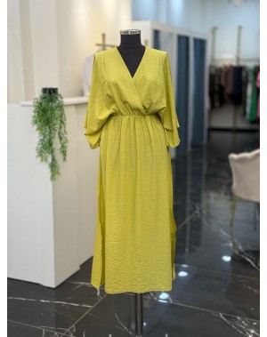 Yarasakol Bel Kısmı Lastikli Yanları Yırtmaçlı Yağ Yeşil Elbise 