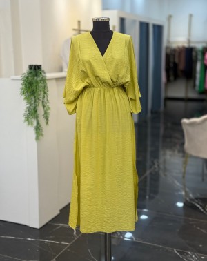 Yarasakol Bel Kısmı Lastikli Yanları Yırtmaçlı Yağ Yeşil Elbise 