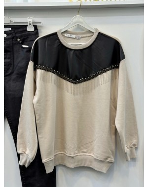 Zincir Detaylı Üç İplik Sweatshirt Bej