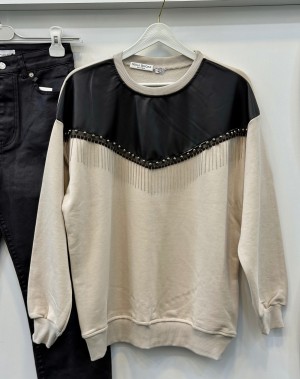 Zincir Detaylı Üç İplik Sweatshirt Bej