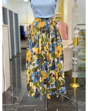 Çiçek Desenli Pamuk Poplin Maxi Boy Etek Mavi 