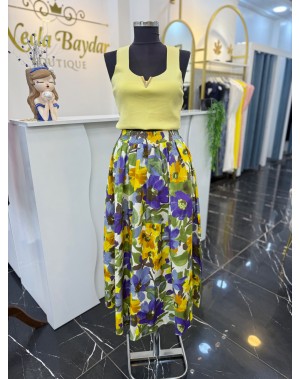 Çiçek Desenli Rengarenk Maxi Boy Etek Mor