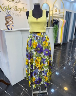 Çiçek Desenli Rengarenk Maxi Boy Etek Mor